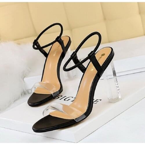 Transparent Crystal with Super High Heel Open Toe Transparent Hollow Word with Nightclub Sexy High-heeled Sandals 43 Size