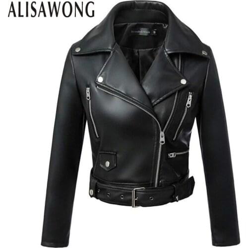Black Pu Jacket Women Slim With Belt Faux Leather Coat Ladies Turn-donw Collar Zipper Pu Outerwear Spring Autumn Biker Moto Coat