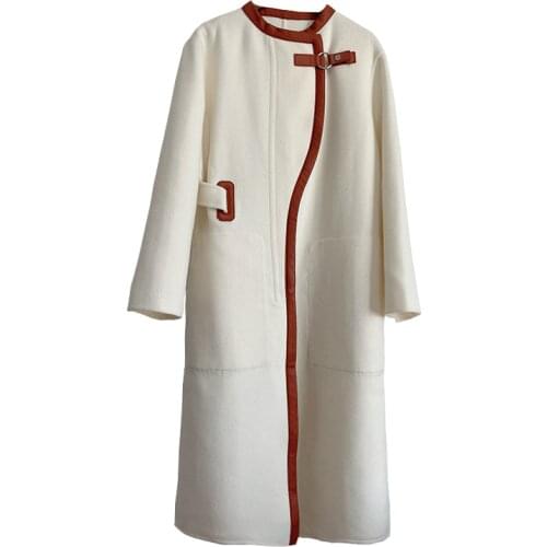 Double face 100%v New wool coat with leather and round neck can customized big size