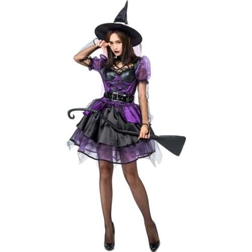 Gothic Bubble Skirt Purple Women Witch Cosplay Female Halloween Sorceress Costumes Carnival Purim Parade Role Play Party Dress