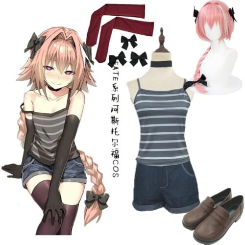 Anime Fate Apocrypha FGO Astolfo Sailor Suits Striped Vest + Hot Pants Cosplay Costume Daily Wearing Outfit and pink wigs Fancy