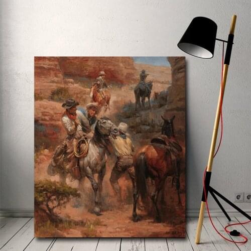 Western Landscape Cowboy Horse Canvas Picture Modular Paintings For Living Room Poster On The Wall Home Decoration
