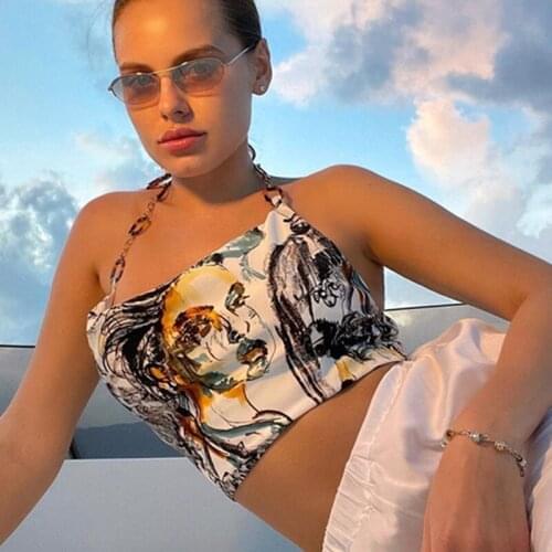 Summer Ladies Sexy Backless Chest Wrap Girls Character Print Chain Hanging Neck Lace Up Sleeveless Camisole Midriff-baring Top