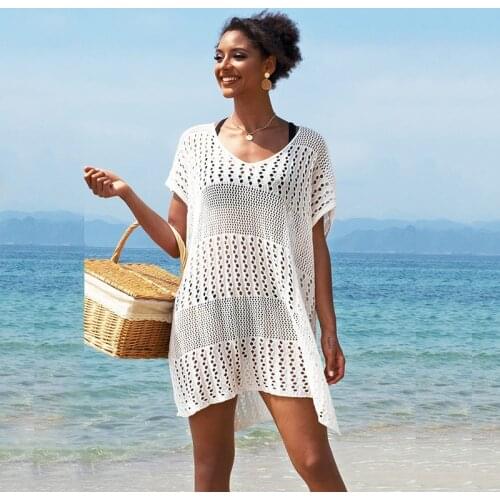 Bikini Cover Up Sexy Swimsuit Beach Dress Solid Hollow Out Elegant Fashion Women 2021 New Summer Bathing Suit Beachwear Shirt