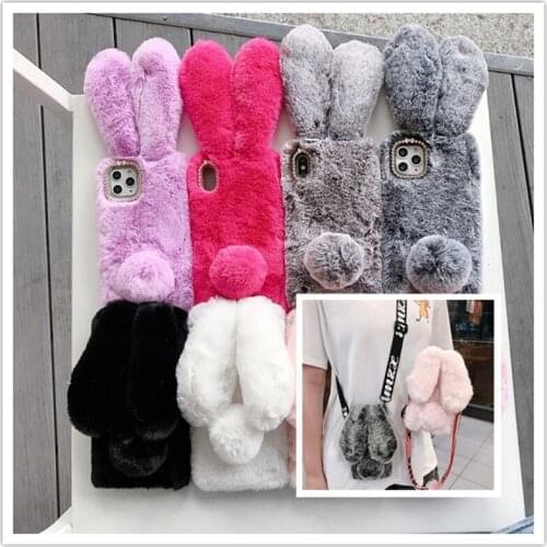 Shoulder Strap Case for Google Pixel 4 4A 3 3A XL 5 5A Neck Lanyard Fluffy Rabbit Plush Fur Cover Google Pixel 3 XL Fundas