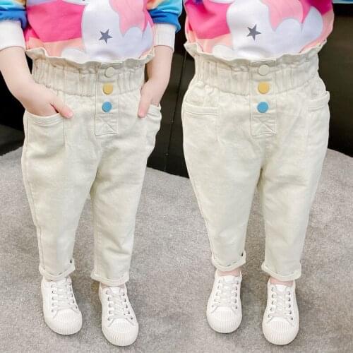 2021 spring new pure color trousers casual pants leather belt middle waist Korean spring and autumn girls color button jeans