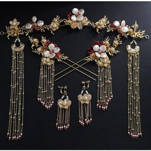 Red bead pearl flower Chinese Brides Head wear Ancient Hairband Wedding hair jewelry Celebration