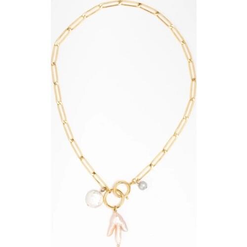 Gold-color Stainless Steel Chain Necklace Irregular Natural Pearl Pendant Jewelry For Women Luxury Clothing Accessories Party