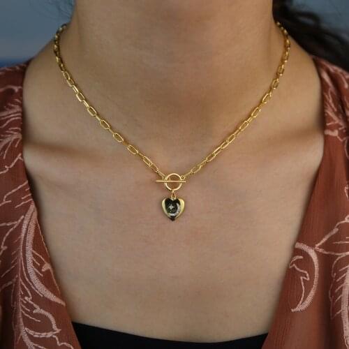 Gold color fashion women jewelry paper clip chain heart starburst charm necklace