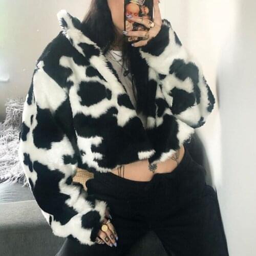 Crop Faux Fur Coats Gothic Fashion Color Blocking Long Sleeve Women Dark Academia Punk Style Fur Jackets Warm Plush Coats 2021
