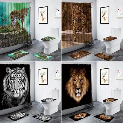 Wild Animals Tiger Lion Leopard Pattern Shower Curtain Personality Home Decor Bath Mat Non-slip Carpet Toilet Mats Bathroom Sets