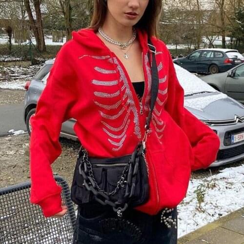 2021 Women Goth Punk Zip Up Hoodies Jacket Rhinestone Breastbone Print Long Sleeve Sweatshirt Coat Oversized Loose Pocket Top