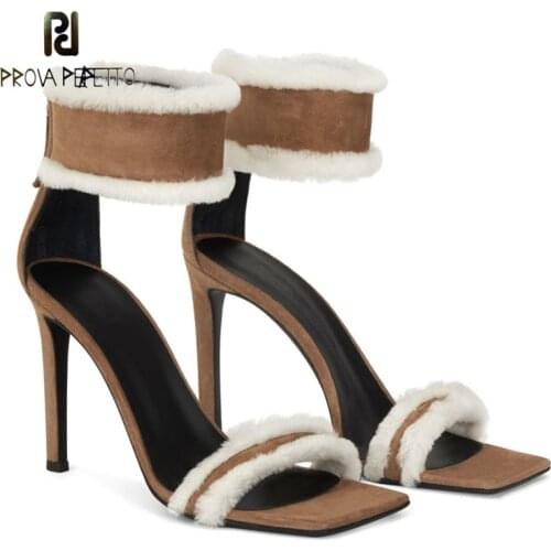 New Fur Shoes Square Toe High Heels Women Stiletto Leather Stitching Bag Heel Zipper Color Matching Wild Word Belt Sandals