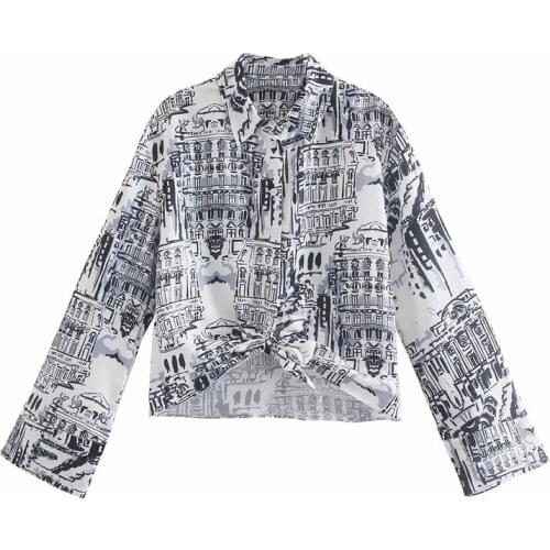 Ladies 2021 fashion bow decoration city print short blouse short sleeve shirt streetwear