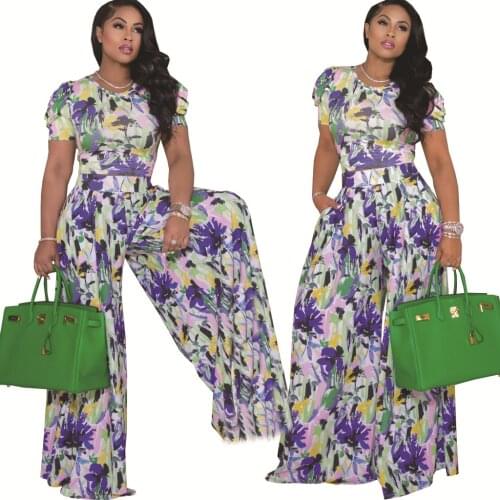 Purple Print Office Lady Women Outfits Two-piece Set O-Neck Short Sleeve Crop Tops High Waist Wide-leg Pants 2pc Set Streetwear