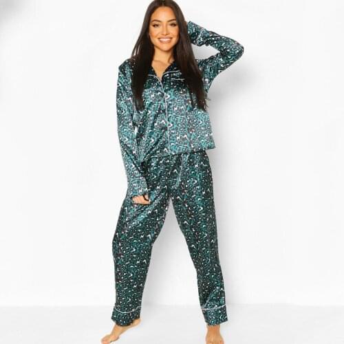 Leopard Print Pajamas Set Women Pink Green White Animals Print Silk Like Fashion Sleepwear Two Piece Set Spring Home Clothes XXL