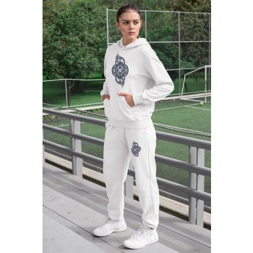 Angemiel Wear Cosmic Pattern Dragon Women Tracksuit Set White Hooded Sweatshirt White Sweatpants