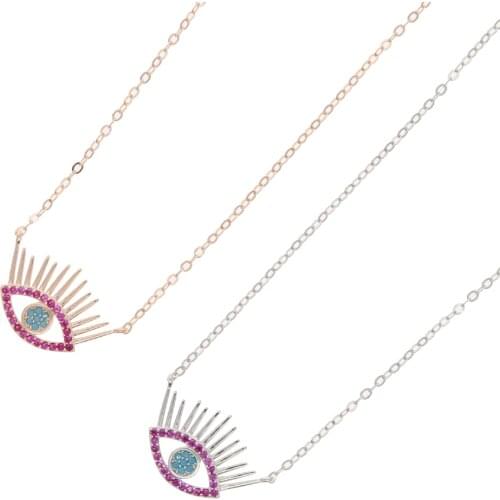 Real 925 sterling Silver micro pave red cubic zirconia with turquoises stone lucky evil eye eyelash pendant necklace for women