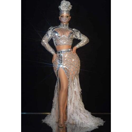 2020 New Silver Rhinestone Transparent Dress Women Evening Celebrate Costumes Outfit Prom Birthday Long Dress Stage Wear