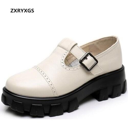 ZXRYXGS 2021 New Autumn Genuine Leather Shoes Woman Platform Shoes High Heels Comfort Light Increase Shoes Black White Big Size