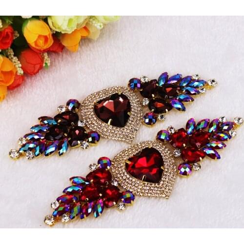 1 pcs 17x5CM Gold Crystal DIY Sewing decoration Crafts Heart Shape Sewing On Rhinestones applique for Wedding Evening Dress