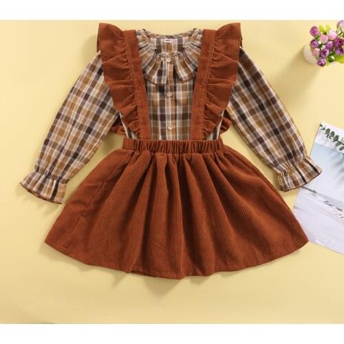 2PCS Winter Kids Girls Clothing Set Princess Lovely Plaid Peter Pan Collar Long Sleeve Shirt+Suspender Skirt for Toddler Infant