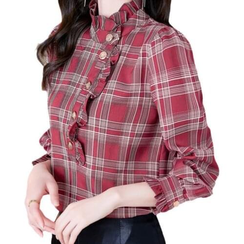 2021 Summer Chiffon Plaid Shirt Y2k Long Sleeve Blouses Korean Clothes Loose T Shirt Women Blouse Harajuku Tops Womens Casual