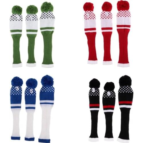 3Pcs Pom Pom Knit Headcover Long Neck Driver Fairway Woods Head Cover