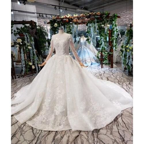 BGW HT42230 Princess Wedding Dresses Long Train Transparent O Neck Long Sleeves Ball Gown Lace Wedding Gowns Vestidos De Novia