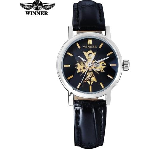 2016 WINNER china brand women watches luxury automatic self wind watch skeleton dial transparent glass silver case leather band