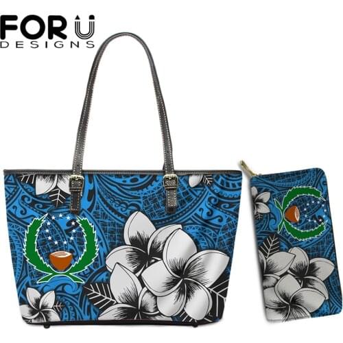 FORUDESIGNS Hawaiian Plumeria Print Pu Women Handbags 2Set Pohnpei With Tribal Polynesian Girls Fashion Shoulder Sac Bolsa Mujer