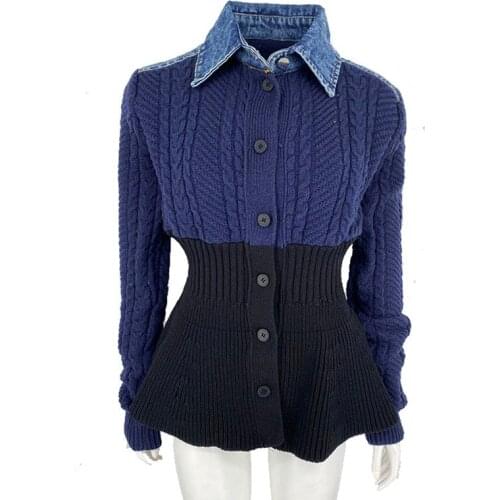 GetSpring Women Sweater Denim Stitching Patchwork Ladies Knitted Cardigans Vintage Long Sleeve Slim Thin Female Autumn Coat 2021