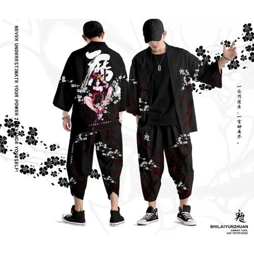 Print Kimono Cardigan Men Japanese Kimono Traditional Casual Loose Thin Set of Coat and Pants Asian Clothes Harakuju