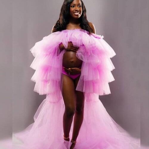 Pretty Pink Tulle Long Robe For Pregnant Women Dresses To Photo Shoot Off The Shoulder Ruffles Puffy Women Dress Open Front