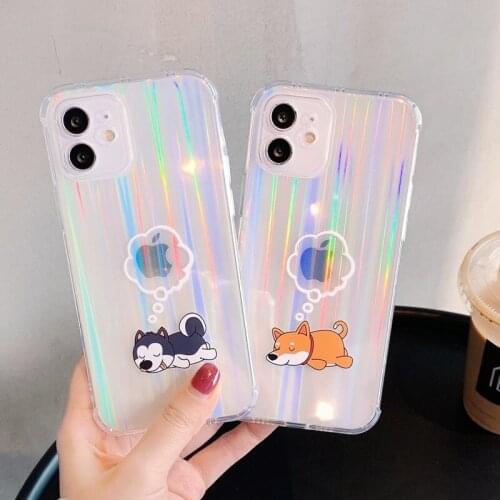 Phone Case Cover For iPhone 7 8 Plus SE 2020 11 12 Pro Max X XR XS Max Glitter Laser Cartoon Dog Shockproof Soft Clear TPU Skin