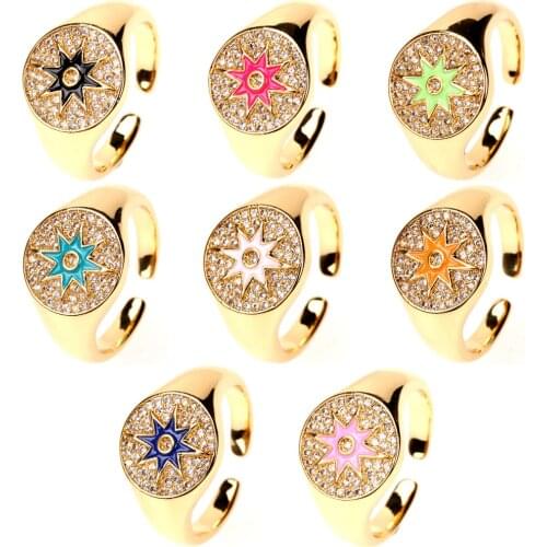 EYIKA Trendy Multicolor Enamel Gold Filled Zircon Star Chunky Rings for Women Sun Shape Round Middle Finger Ring Jewelry Gift