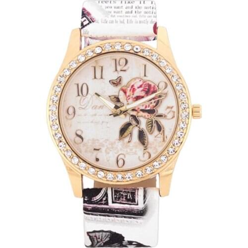 Fashion Women Print Rose Pattern Rhinestone Wrist Watch Casual Clock Quartz Watch For Women