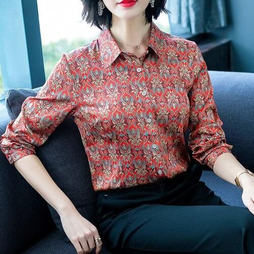 New Women Blouse Real Silk Shirt Long Sleeve Office Blouses Woman 2019 Vintage Print Women Tops Clothes roupa feminina XQ037