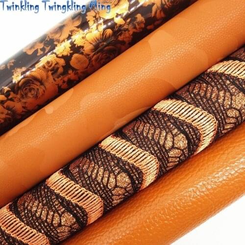 Orange Lace Glitter Leather, Flowers Printed Synthetic Leather, Litchi Faux Fabric For Bow A4 21x29CM Twinkling Ming KM045