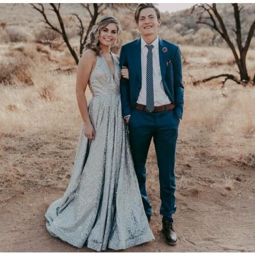 Sexy Long Glitter V-Neck Prom Dresses with Pockets A-Line Court Train Criss Cross Back Robes De Mariée Party Gown For Women