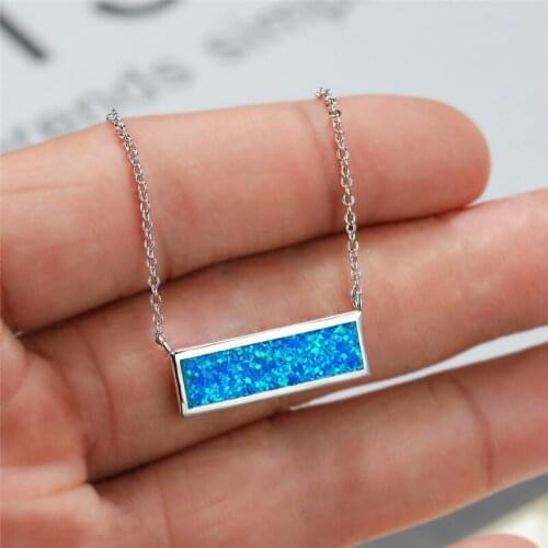 Simple Fashion Geometric Wedding Necklace Female Square Opal Stone Pendant Necklace Charm Silver Color Chain Necklaces For Women
