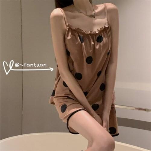 Real photo 2021 summer suspender pajamas womens cotton thin wave point home service Korean version lovely two piece suit