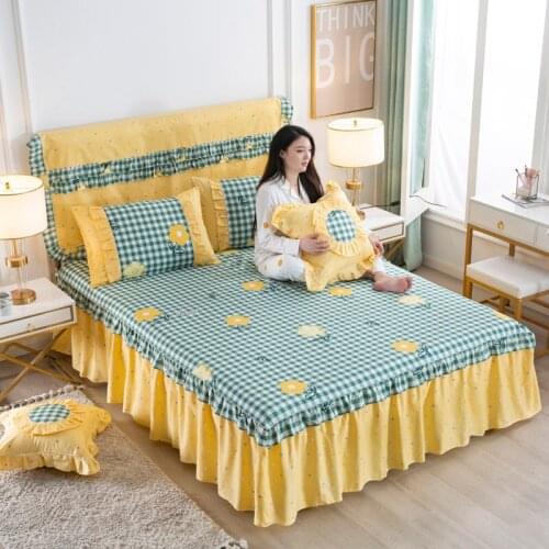 2020 Yellow grid romantic bed skirt elegant chiffon bed cover satin cotton sheets home decoration bed cover elastic band