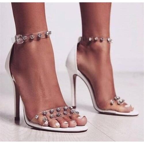 Sestito Luxury Crystal Embellished High Heels Dress Wedding Shoes Woman Peep Toe PU Leather Gladiator Sandals Buckle Strap Shoes
