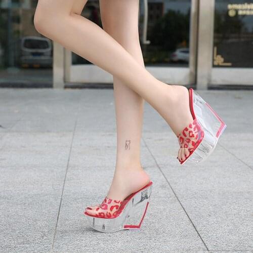 SDTFET Summer shoes moman Slipper Transparent PVC zapatos mujer Platform 14cm Wedges Leopard Print Sandals sexy girls Pumps