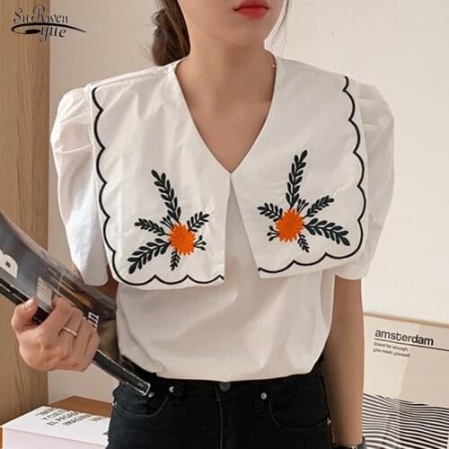 Vintage Embroidered Flower Shirt Female Summer Short Sleeve Ladies Blouse Loose Turn-down Collar Womens Clothing Blusas 15156