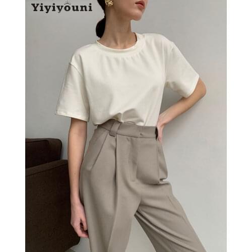Yiyiyouni Summer Casual Basic Solid T-shirt Women Cotton Short Sleeve Tee-Shirts Women O-neck White Black Korean Tops Female