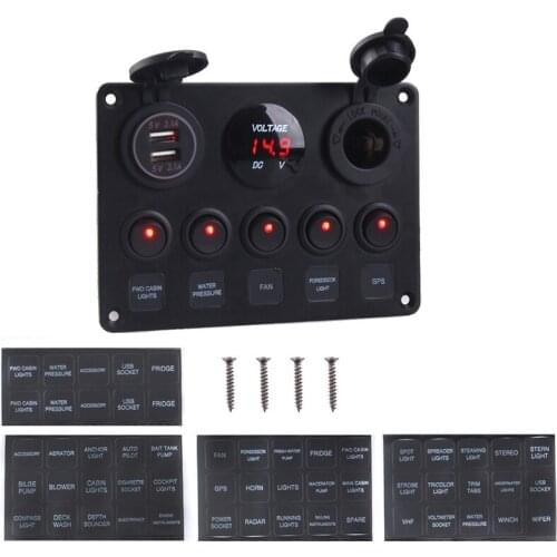 Dual USB Socket Charger LED Voltmeter 12V Power Outlet 5 Gang ON-OFF Toggle Switch Panel for Car Boat Marine RV Truck