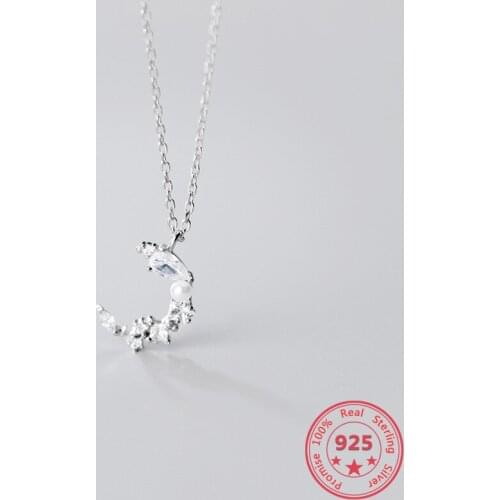 100% 925 Sterling Silver Female Korean Fashion Little Diamond Pearl Moon Clavicle Chain Crescent Necklace Fine Jewelry Gifts