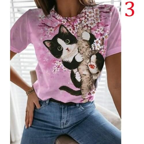 2021 Summer Womens Animal Cat 3D Splashing Ink Print Round Neck T-shirt Funny Short Sleeve Top Retro Pullover Casual Fashion Cl